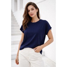Rich Kadın Lacivert Pamuklu Duble Kol Detaylı Rahat Kalıp T-Shirt
