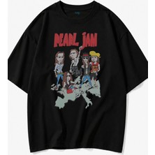Fuddy Moda Unisex Pearl Jam Cartoon Style Baskılı Bisiklet Yaka Tişört, Oversize Rock Band Temalı Tshirt