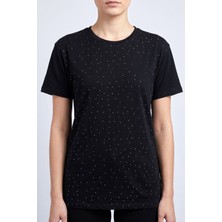 Hadiora Kadın Siyah Bisiklet Yaka Taşlı Penye T-Shirt