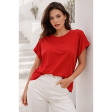 Rich Kadın Kırmızı Pamuklu Duble Kol Detaylı Rahat Kalıp T-Shirt