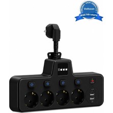 Vothoon Termal Akım Korumalı 4'lü Duvar Tipi Priz 2x USB 2x Type-C Çıkışlı Grup Priz Çoğaltıcı Siyah (2500W)