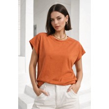 Rich Kadın Turuncu Pamuklu Duble Kol Detaylı Rahat Kalıp T-Shirt
