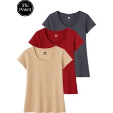 Rich Kadın Füme - Bordo - Bej 3'lü Paket %100 Pamuk Kısa Kollu Tişört