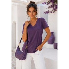 Rich Kadın Mor Yumuşak Dokulu Interlock V Yaka Basic T-Shirt