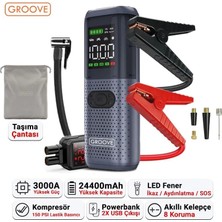Groove HCB002 22000MAH 2500A Akü Takviye Cihazı + Lastik Şişirme Kompresörü Taşınabilir Jump Starter (Kompresör+Powerbank+Led Lamba+Lcd Ekran)