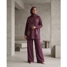 Blue Angel Mürdüm Desenli Uzun Kol Tunik Pantolon Tesettür Takım