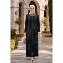 Harma Time Butik Kadın Taş Işlemeli Kristal Kumaş  Uzun Tesettür Siyah Elbise