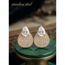 Stainless Steel Pirinç Gold Renk Zirkon Taşlı Damla Model Küpe