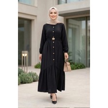 Harma Time Butik Kadın Düğmeli Kemerli Çilek Kumaş Siyah Elbise