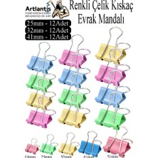 Artlantis Renkli Çelik Kıskaç Klips 25MM 32MM 41MM 36 Adet Evrak Mandalı Renkli Metal Mandal Binder Clips Kıskaç