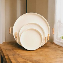 Bereka Tepsi Seti Ahşap Kulplu Krem Metal Çay Tepsisi Kahve Sunum Kahvaltı 3'lü Tepsi Seti 30-37-50 cm