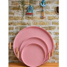 Bereka Tepsi Seti Ahşap Kulplu Krem Metal Çay Tepsisi Kahve Sunum Kahvaltı 3'lü Tepsi Seti 30-37-50 cm