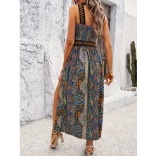 Eycawear Kadın Omuzlardan Açık Ön Yaka Çapraz Lastik Etnik Desenli Yırtmaçlı Uzun Süprem Elbise