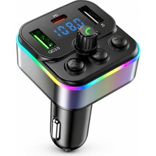 Bluetooth Araç Kiti Fm Transmitter USB Type-C Pd Rgb LED Işıklı Flash Bellek Mp3 Çakmaklık Girişli
