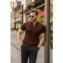 Moda Loris Erkek Örgü Desen Fermuar Yakalı Triko Tişört