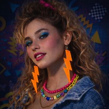 Alvera Collection 80’ler 90'lar Retro Neon Turuncu Şimşek Küpe 10 cm