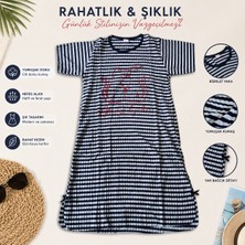 Yonca Outlet Kadın Çizgili Günlük Elbise Bisiklet Yaka Yumuşak Dokulu Rahat Kesim Ev Elbisesi