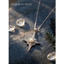 Stainless Steel 316L Çelik Zincir Gümüş Renk Kutup Yıldızı Model Zirkon Taşlı Kolye
