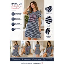 Yonca Outlet Kadın Çizgili Günlük Elbise Bisiklet Yaka Yumuşak Dokulu Rahat Kesim Ev Elbisesi
