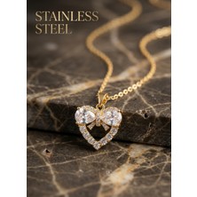 Stainless Steel 316L Çelik Zincir Gold Renk Kalp ve Fiyonk Model Zirkon Taşlı Kolye