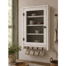Maison Linden Eskitme Beyaz Tel Kapaklı Ahşap Duvar Dolabı 45X60 cm | Country Rustik Mutfak Dolabı, Kahve Köşesi Fincanlık, Kupa Askılı Nostaljik Dekoratif Raflı Tel Dolap