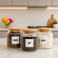 3'lü Ahşap Vakum Kapaklı Cam Çay Kahve Şeker Saklama Kavanozu Seti 500 ml Etiket Hediyeli