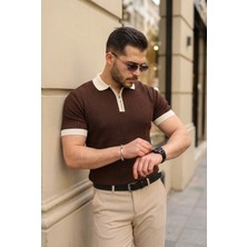 Moda Loris Erkek Yaka ve Kol Detaylı Fermuar Yakalı Çizgi Desen Kısa Kollu Triko Tişört