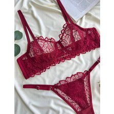 D Lingerie Bordeaux Dantel Transparan Bralet Sütyen Takım DM1368