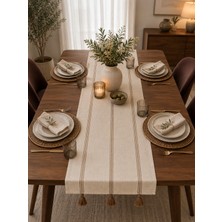 Livera Home %100 Pamuk Buldan Işi Lüks Keten Masa Runner (Kahve Çizgili - 40X140CM)