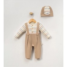Mini Cayzen Baby Erkek Bebek Çizgili Waffle Salopet Tulum ve Bere Seti %100 Pamuk