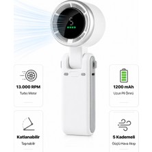 Metontech Şarjlı Katlanabilir Mini El Fanı | Taşınabilir 13.000 Rpm Turbo Motor 5 Kademeli Dijital Ekranlı Taşınabilir Fan | Beyaz