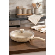 EVREN MUTFAK 30 cm Cream(Krem) Ezme Seri Kapaklı Tava, Non-Stick 2,4 Lt Kızartma Tavası (Bakalit Kulplu)