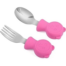 Belirtilmemiş Valkyrie 304 Çelik Panda Bebek Kaşık Çatal Setisilikon Saplı Bpa Içermez Ergonomik Kaymaz Fuşya
