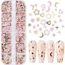 Belirtilmemiş Pembe ve Gold Tırnak Süsleme Folyo Pulları Karışık Dizayn Ay Yıldız Kalp Nail Art