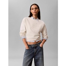 Calvin Klein Kadın Rahat Kesim Ck Logo Işlemeli Yuvarlak Yakalı Uzun Kollu Ekru Sweatshirt LV047G820G-YAS
