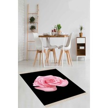 Belirtilmemiş Pelangi Siyah Gül Desenli Dijital Baskı Yıkanabilir Halı, Siyah-Pembe 100 x 200
