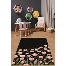 Belirtilmemiş Pelangi Pembe Laleler Flowers Yıkanabilir Kaymaz Taban Leke Tutmaz Çocuk Odası Halısı, Siyah 180 x