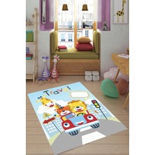 Belirtilmemiş Pelangi Mavi Sevimli Hayvanlar Desenli Kaymaz Taban Çocuk Odası Halısı, Mavi 180 x 280