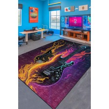Belirtilmemiş Rock Gamer Halısı Şönil Pamuk Tabanlı Kaymaz Yıkanabilir Gaming Oyuncu Odası Halısı 120X180