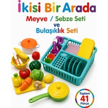 Mayf Dede Çocuklar İçin Bulaşıklık Oyuncak Seti + Kesilebilen Meyve Sebze Evcilik Seti Tabak Seti Cırtlı Toplam 41 Parça Mutfak Seti