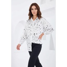 Kadın Oversize Desenli Saten Siyah Beyaz Gömlek
