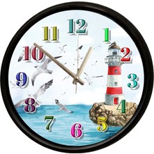 Caseras Martılar ve Deniz Feneri Temalı Dekoratif Duvar Saati 28 cm Sessiz Mekanizma