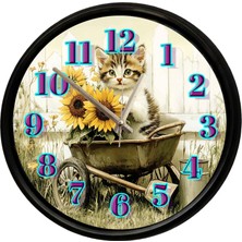 Caseras Ayçiçekleri ve Sevimli Yavru Kedi Dekoratif Duvar Saati 28 cm Sessiz Mekanizma