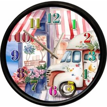 Caseras Çiçekçi Dükkanı ve Vintage Karavan Temalı Dekoratif Duvar Saati 28 cm Sessiz Mekanizma