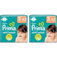Belirtilmemiş Prima Bebek Bezi Aktif Bebek 3 Beden 62 Adet Fırsat Paketi 2li Paket