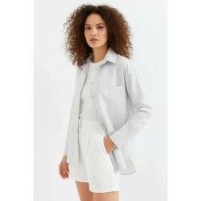Klins Kids Kadın Oversize Tek Cepli Çizgili Pamuklu Bej Gömlek