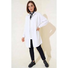 Klins Kids Kadın Gömlek Yaka Uzun Kol Basic Pamuklu Beyaz Tesettür Tunik