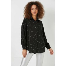 Klins Kids Kadın Oversize Desenli Siyah Gümüş Gömlek