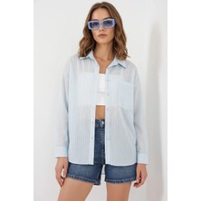 Klins Kids Kadın Oversize Tek Cepli Çizgili Viskon Mavi Gömlek