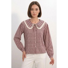 Klins Kids Kadın Dantel Yaka Kareli Desen Bordo Gömlek